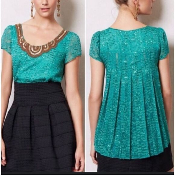 Anthropologie Sachin + Babi Car-canet Top beautiful teal with sequin detail neck - Picture 7 of 12